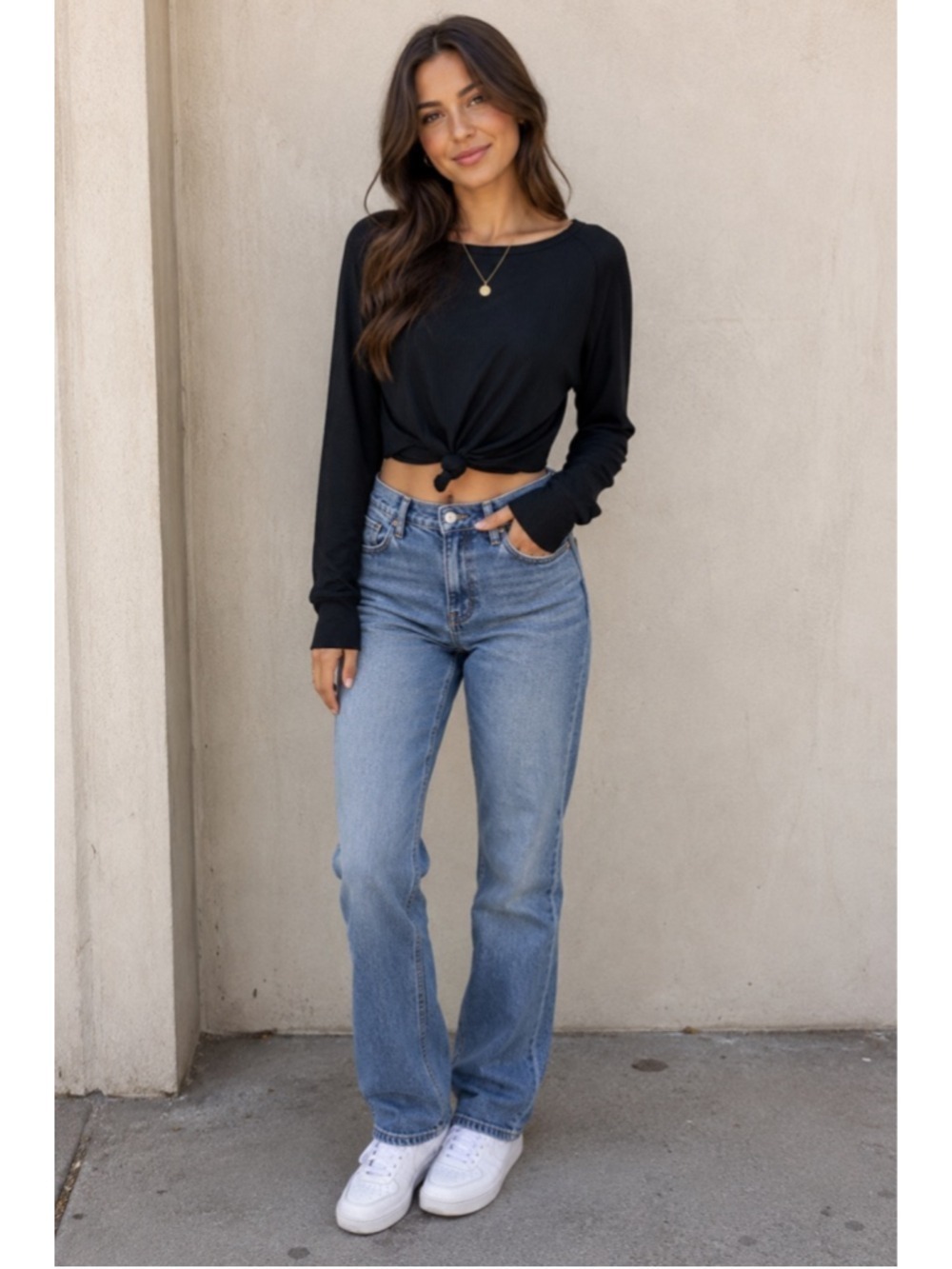 Women's Stillwater Black Long Sleeve Ribbed Tie-Front Tee S